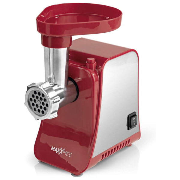 MAXXMEE Elektrischer Fleischwolf inkl. Zubehör | Metallgetriebe, Rücklauffunktion, Rutschfest | Edelstahl, 1300 Watt | Rot