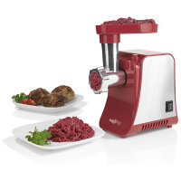 MAXXMEE Elektrischer Fleischwolf inkl. Zubehör | Metallgetriebe, Rücklauffunktion, Rutschfest | Edelstahl, 1300 Watt | Rot