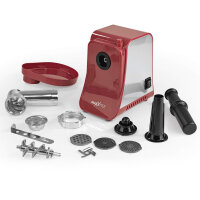 MAXXMEE Elektrischer Fleischwolf inkl. Zubehör | Metallgetriebe, Rücklauffunktion, Rutschfest | Edelstahl, 1300 Watt | Rot