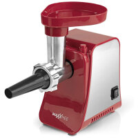 MAXXMEE Elektrischer Fleischwolf inkl. Zubehör | Metallgetriebe, Rücklauffunktion, Rutschfest | Edelstahl, 1300 Watt | Rot