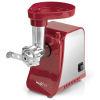 MAXXMEE Elektrischer Fleischwolf inkl. Zubehör | Metallgetriebe, Rücklauffunktion, Rutschfest | Edelstahl, 1300 Watt | Rot