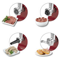 MAXXMEE Elektrischer Fleischwolf inkl. Zubehör | Metallgetriebe, Rücklauffunktion, Rutschfest | Edelstahl, 1300 Watt | Rot