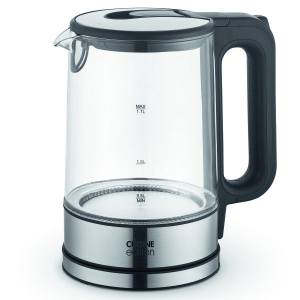 CUISINE EDITION Wasserkocher aus Glas | 1,7 Liter | Moderner Wasserkocher mit Edelstahlelementen | Sockel mit LED-Beleuchtung