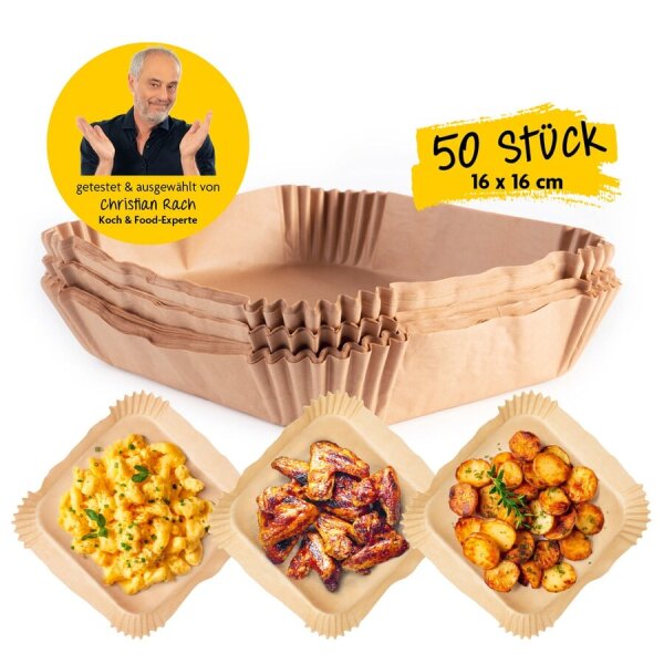 Rachs KOCHWERK Backpapier-Schalen f&uuml;r Hei&szlig;luft-Fritteusen 50er-Set 16x16x4,5cm braun
