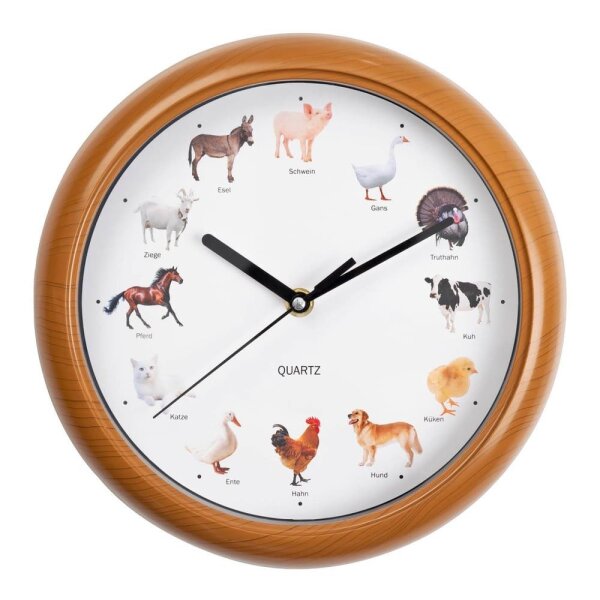 EASYmaxx Wanduhr Stimmen Bauernhoftiere 25cm 1,5V, braun/wei&szlig; A-Ware
