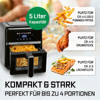 GOURMETmaxx Heißluftfritteuse | 5 Liter Airfryer | 1500 W | Fritteuse mit 6 Funktionen, 8 Programmen | Farbdisplay inkl. Touch-Funktion | Schwarz