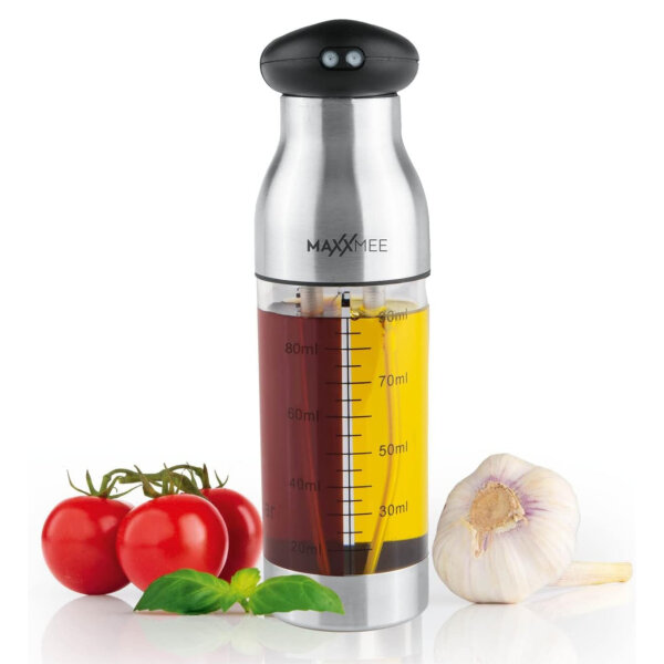 MAXXMEE 2-in-1 Sprühflasche | 2 seperate Füllkammern je bis 90 ml Volumen | BPA-frei | Edelstahl, Glas