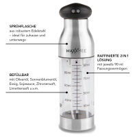 MAXXMEE 2-in-1 Sprühflasche | 2 seperate Füllkammern je bis 90 ml Volumen | BPA-frei | Edelstahl, Glas