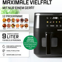GOURMETmaxx Doppelkammer Hei&szlig;luftfritteuse | 2 x 4,5 L | Synchro-Garzonen Airfryer | LED-Touchscreen | 2 Kammern | 12 Programmen und 2 Frontsichtfenstern | Schwarz