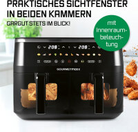 GOURMETmaxx Doppelkammer Hei&szlig;luftfritteuse | 2 x 4,5 L | Synchro-Garzonen Airfryer | LED-Touchscreen | 2 Kammern | 12 Programmen und 2 Frontsichtfenstern | Schwarz