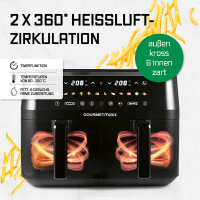 GOURMETmaxx Doppelkammer Hei&szlig;luftfritteuse | 2 x 4,5 L | Synchro-Garzonen Airfryer | LED-Touchscreen | 2 Kammern | 12 Programmen und 2 Frontsichtfenstern | Schwarz