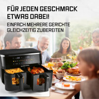 GOURMETmaxx Doppelkammer Hei&szlig;luftfritteuse | 2 x 4,5 L | Synchro-Garzonen Airfryer | LED-Touchscreen | 2 Kammern | 12 Programmen und 2 Frontsichtfenstern | Schwarz