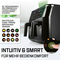 GOURMETmaxx Doppelkammer Hei&szlig;luftfritteuse | 2 x 4,5 L | Synchro-Garzonen Airfryer | LED-Touchscreen | 2 Kammern | 12 Programmen und 2 Frontsichtfenstern | Schwarz
