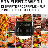 GOURMETmaxx Doppelkammer Hei&szlig;luftfritteuse | 2 x 4,5 L | Synchro-Garzonen Airfryer | LED-Touchscreen | 2 Kammern | 12 Programmen und 2 Frontsichtfenstern | Schwarz