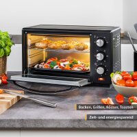 TZS First Austria 20 Liter Minibackofen mit 1380 Watt schwarz| Unter-Oberhitze bis 230 Grad stufenlose Temperaturregelung | 60 Minuten Timer | Doppelglast&uuml;r | Mini Ofen | Kr&uuml;mel-Klappe
