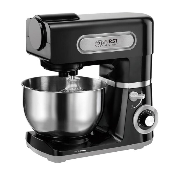 TZS First Austria Professionelle K&uuml;chenmaschine | Teigknetmaschine | 1500 W, 6 L Beh&auml;lter, 6 Geschwindigkeitsstufen, mit Quirl, Knethaken und Schneebesen, Edelstahl