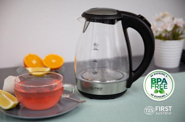 TZS First Austria Glas Wasserkocher 1,7 L, mit Kalkfilter, 2200 Watt, LED Innenbeleuchtung, kabellos, Trockenkochschutz, 360&deg; Grad Anschluss-Sockel