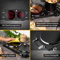 TZS First Austria Doppelkochplatte Infrarot mit Kochfeld, 2500W , f&uuml;r jedes Kochgeschirr geeignet, stufenlose Termostateinstellung, Kontrollleuchte und &Atilde;&oelig;berhitzungsschutz