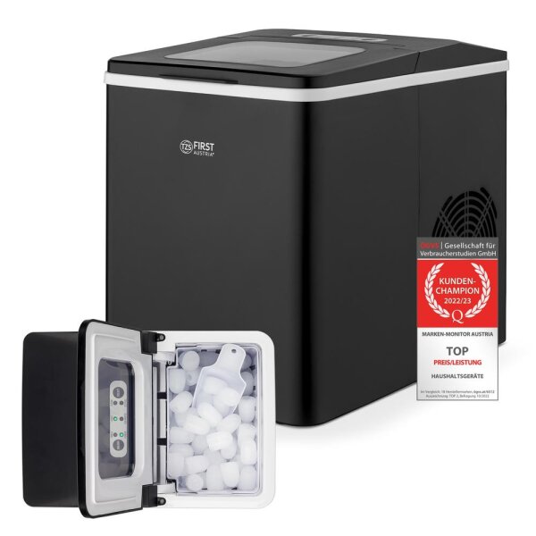 TZS First Austria Eisw&uuml;rfelmaschine, 12kg/24Std 7-9 Minuten Produktionszeit, 2 Eisw&uuml;rfelgr&ouml;&szlig;en, Ice Maker, crushed ice, 1,8 L Wassertank, 150W, schwarz