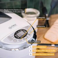 TZS First Austria Brotbackautomat mit 2 Knethaken 900-1200g | Marmelade und Teig-Programm | Glutenfrei-Programm | Einstellbarer Br&auml;unungsgrad | Startverz&ouml;gerung-Funktion 800W 12 Automatikprogramme