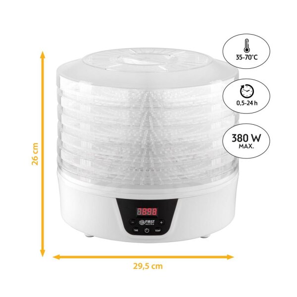 TZS First Austria D&ouml;rrger&auml;t, D&ouml;rrautomat, mit 24h-Timer und Temperaturregler 35-70 &deg;C, 5 Etagen, BPA Frei, Obst-trockner D&ouml;rrapparat mit Zeitschaltuhr, wei&szlig;
