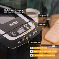 TZS First Austria Brotbackautomat mit 2 Knethaken 900-1200g | Marmelade und Teig-Programm | Glutenfrei-Programm | Einstellbarer Br&auml;unungsgrad | Startverz&ouml;gerung-Funktion 800W 12 Automatikprogramme