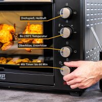 TZS First Austria Minibackofen, 2000 Watt mit Innenbeleuchtung | Umluft-Funktion | Drehspie&szlig; f&uuml;r 2 H&uuml;hnchen | Mini Pizza-ofen | herausnehmbares Kr&uuml;melblech