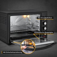 TZS First Austria Minibackofen, 2000 Watt mit Innenbeleuchtung | Umluft-Funktion | Drehspie&szlig; f&uuml;r 2 H&uuml;hnchen | Mini Pizza-ofen | herausnehmbares Kr&uuml;melblech