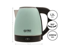 TZS First Austria Edelstahl Wasserkocher, 1,2 L, 2200 W, 20cm H&ouml;he, 360 &deg; Grad Abstellwinkel, integrierter Kalkfilter, Trockenkochschutz, kabellos