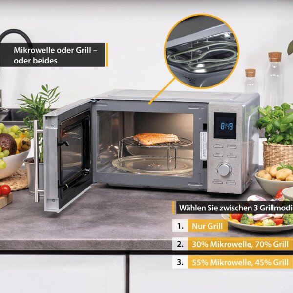 TZS First Austria Digitale Mikrowelle mit Grill, 700W, 800W Grill, 20L Kapazit&auml;t, LED-Display, Auftaufunktion, 8 Automatikprogramme, Drehteller, Zeitschaltuhr, Kindersicherung