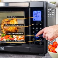 TZS First Austria Elektrischer Minibackofen, 1600 Watt, Digitalanzeige, kompakter Elektroofen f&uuml;r den Tischgebrauch, zum Backen & Grillen, mit digitalem Bedienfeld, inkl. Drehspie&szlig;, in Schwarz