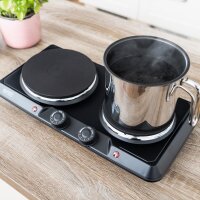 TZS First Austria Doppelkochplatte, 2500 W, elektrische Herdplatte aus Gusseisen, 2 Kochfelder, mobile Kochplatte f&uuml;r Camping & Reisen, stufenlose Temperatureinstellung, schwarz