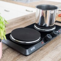 TZS First Austria Doppelkochplatte, 2500 W, elektrische Herdplatte aus Gusseisen, 2 Kochfelder, mobile Kochplatte f&uuml;r Camping & Reisen, stufenlose Temperatureinstellung, schwarz