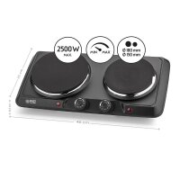 TZS First Austria Doppelkochplatte, 2500 W, elektrische Herdplatte aus Gusseisen, 2 Kochfelder, mobile Kochplatte f&uuml;r Camping & Reisen, stufenlose Temperatureinstellung, schwarz