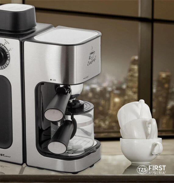 TZS First Austria Espressomaschine, f&uuml;r viele Kaffeespezialit&auml;ten, 0,25 L Kanne & Messl&ouml;ffel, Dampfd&uuml;se zum Milch aufsch&auml;umen, in Schwarz/Edelstahl, 800 W