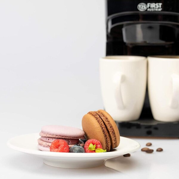 TZS First Austria Kaffeemaschine 350 Watt, 2 Tassen, 450 W, 0,125 L Fassungsverm&ouml;gen, inklusive 2 wei&szlig;en Keramikbechern, Messl&ouml;ffel, automatische Abschaltung, schwarz