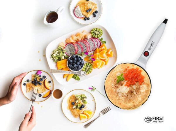 TZS First Austria Cr&ecirc;pe-Maker, elektrischer K&uuml;chenhelfer, Haushaltsger&auml;t f&uuml;r Pfannkuchen, f&uuml;r den Tischgebrauch geeignet, mit Antihaftbeschichtung, in Wei&szlig;/Schwarz, 650 W