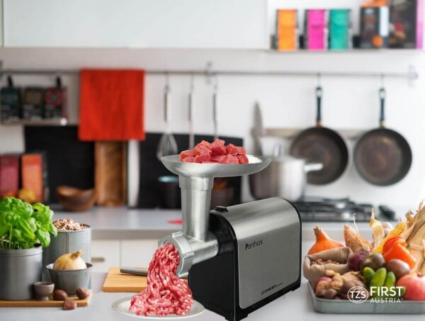 TZS First Austria Elektrischer Fleischwolf, praktisches Haushaltsger&auml;t, K&uuml;chenmaschine zur Fleischverarbeitung, elektrische Wurstf&uuml;llmaschine, in Stahl/Schwarz, 300 W
