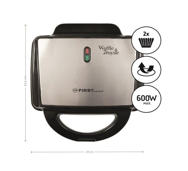 TZS First Austria Waffeleisen, Waffelk&ouml;rbchen Waffelh&ouml;rnchen 600 W antihaftbeschichtet, Edelstahl, &Atilde;&oelig;berlaufschutz, schwarz