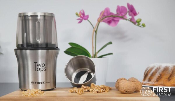 TZS First Austria elektrische Kaffeem&uuml;hle Gew&uuml;rzm&uuml;hle Zerkleinerer f&uuml;r Kaffeebohnen, N&uuml;sse, Gew&uuml;rze, Gem&uuml;se, 2 abnehmbare Edelstahlbeh&auml;lter mit 2 Klingen, Edelstahl, Schwarz 200 Watt