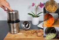 TZS First Austria elektrische Kaffeem&uuml;hle Gew&uuml;rzm&uuml;hle Zerkleinerer f&uuml;r Kaffeebohnen, N&uuml;sse, Gew&uuml;rze, Gem&uuml;se, 2 abnehmbare Edelstahlbeh&auml;lter mit 2 Klingen, Edelstahl, Schwarz 200 Watt