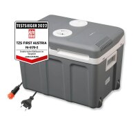TZS First Austria K&uuml;hlbox 40 Liter, mit Rollen, Trolly, W&Auml;RMT + K&Uuml;HLT, Thermo-Elektrische K&uuml;hlbox 12 Volt und 230 Volt, tragbarer Mini-K&uuml;hlschrank | f&uuml;r Auto und Camping