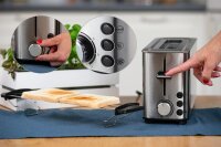 TZS First Austria Doppel Kurzschlitz Toaster, 2 Scheiben, Edelstahl, 850W, 7 Stufen, Warmhaltefunktion, inkl. Kr&uuml;melschale