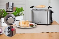TZS First Austria Doppel Kurzschlitz Toaster, 2 Scheiben, Edelstahl, 850W, 7 Stufen, Warmhaltefunktion, inkl. Kr&uuml;melschale