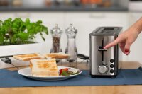 TZS First Austria Doppel Kurzschlitz Toaster, 2 Scheiben, Edelstahl, 850W, 7 Stufen, Warmhaltefunktion, inkl. Kr&uuml;melschale