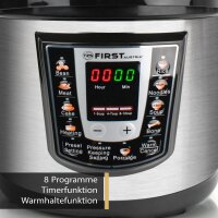 TZS First Austria Druckkochtopf elektronisch 6L | Multikocher | 8 Programme Schnellkochtopf | Reiskocher | Warmhaltefunktion, Dampfgarer