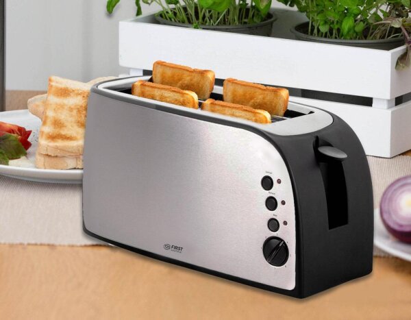 TZS First Austria - geb&uuml;rsteter Edelstahl 4 Scheiben Toaster 1500W mit Kr&uuml;melschublade Sandwich Langschlitz | abnehmbarer Br&ouml;tchenaufsatz | w&auml;rmeisoliertes Geh&auml;use, stufenlose Temperatureinstellung