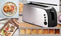 TZS First Austria - geb&uuml;rsteter Edelstahl 4 Scheiben Toaster 1500W mit Kr&uuml;melschublade Sandwich Langschlitz | abnehmbarer Br&ouml;tchenaufsatz | w&auml;rmeisoliertes Geh&auml;use, stufenlose Temperatureinstellung