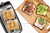 TZS First Austria - geb&uuml;rsteter Edelstahl 4 Scheiben Toaster 1500W mit Kr&uuml;melschublade Sandwich Langschlitz | abnehmbarer Br&ouml;tchenaufsatz | w&auml;rmeisoliertes Geh&auml;use, stufenlose Temperatureinstellung