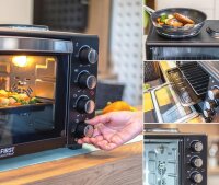 TZS First Austria - Mini-Backofen mit Kochplatten und Kr&uuml;melblech | Drehspie&szlig; + Umluft Mini Pizzaofen | Mini-K&uuml;che | Kochplatten separat bedienbar | gleichzeitig kochen + backen